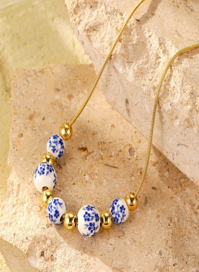sunglnl Blue And White Necklace For Women, 14k Gold-Plated Chain And Ceramic Beads Blue Floral Pattern Vintage Chinese Minimalism Style Jewelry Gift (blue) - Image 2